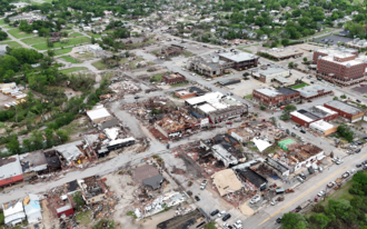 Downtown Sulphur damage after the 27 April 2024 tornado — drone composite, photographed 28 April